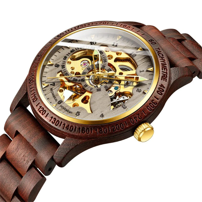 Sandalwood Skeleton Mechanical Watch