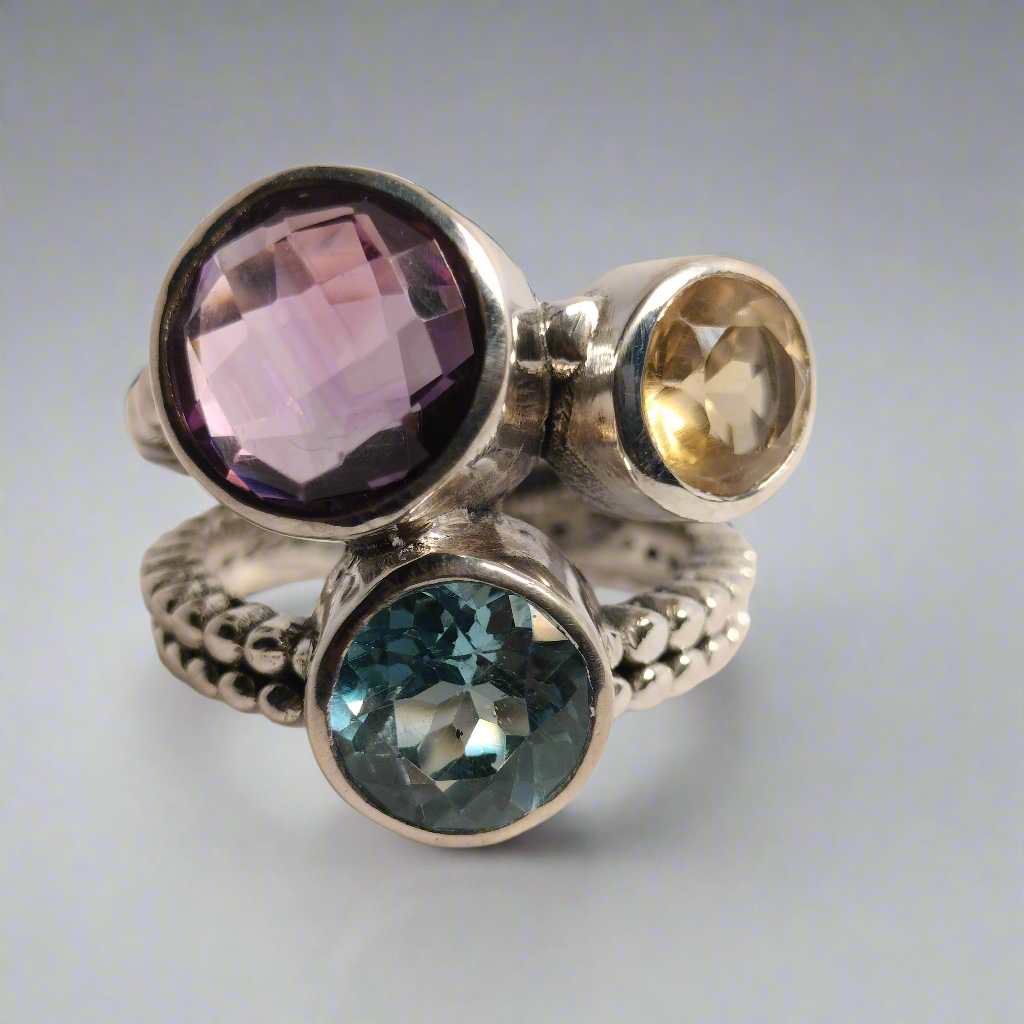 Sterling Silver Amethyst Topaz and Citrine Ring