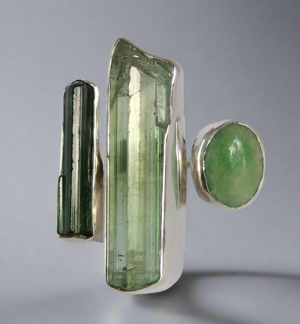 Sterling Silver Tourmaline and Jade Ring