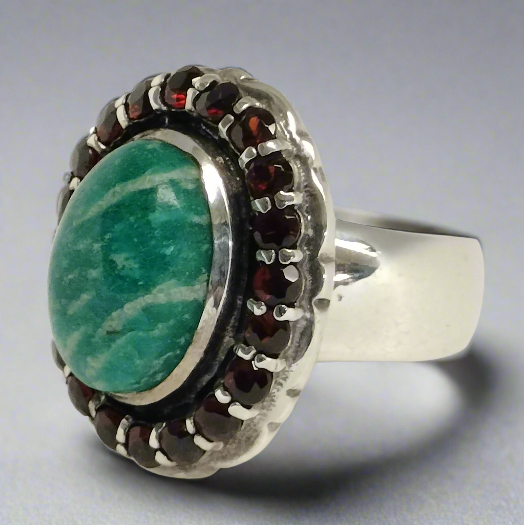Sterling Silver Amazonite and Garnet Ring