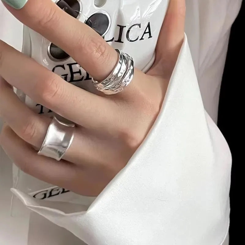 925 Sterling Silver Ring For Women Jewelry Wide Simple Open Vintage Handmade Ring Allergy For Party Birthday Gift
