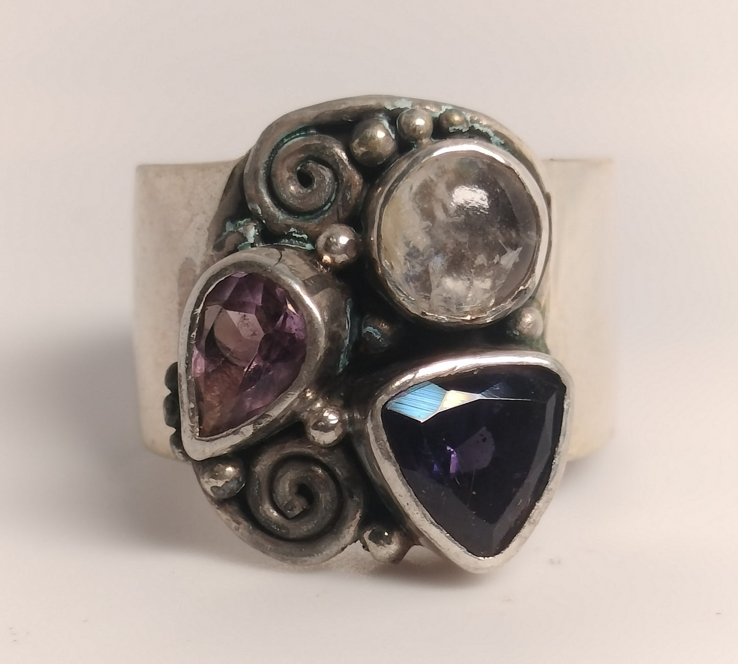 Sterling Silver Amethyst, Moonstone and Iolite Ring