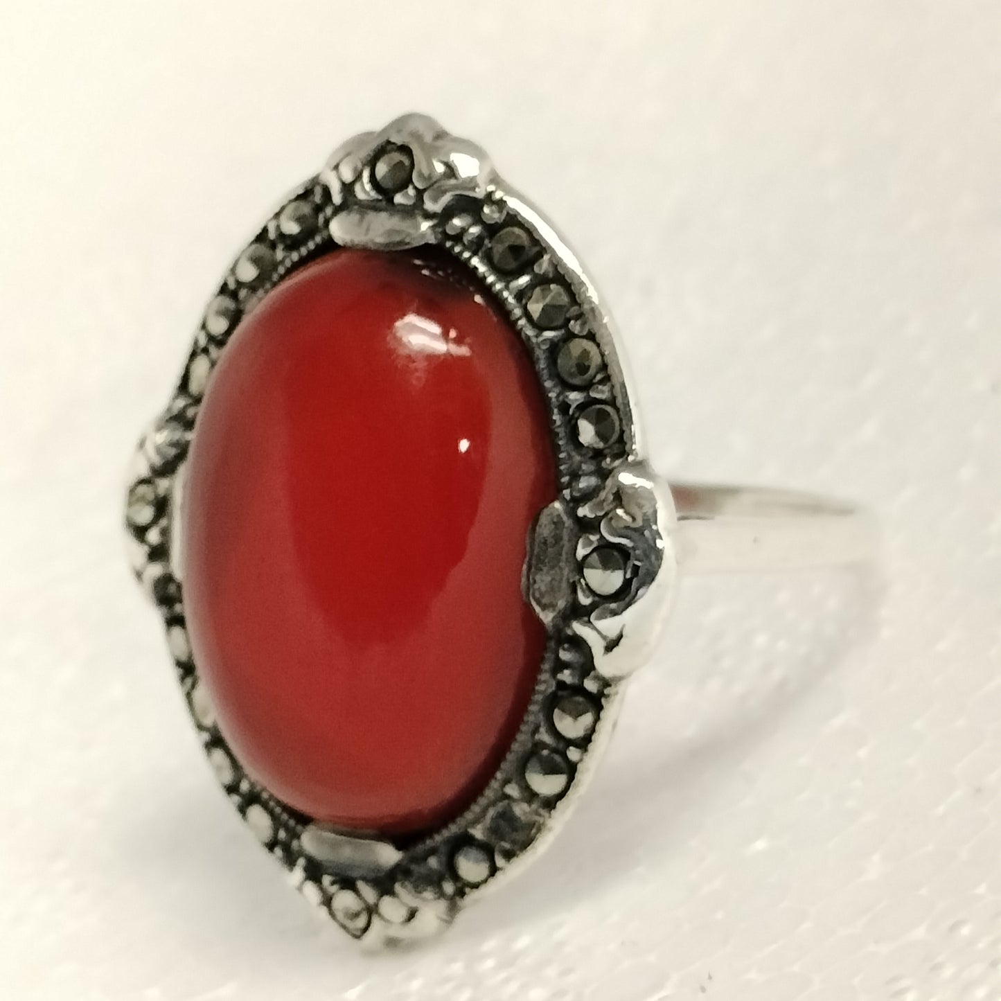 Sterling Silver Carnelian and Marcasite Ring