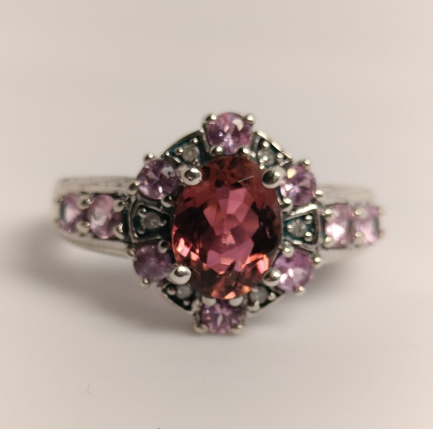 Sterling Silver Tourmaline, Pink Sapphire and Diamond Ring