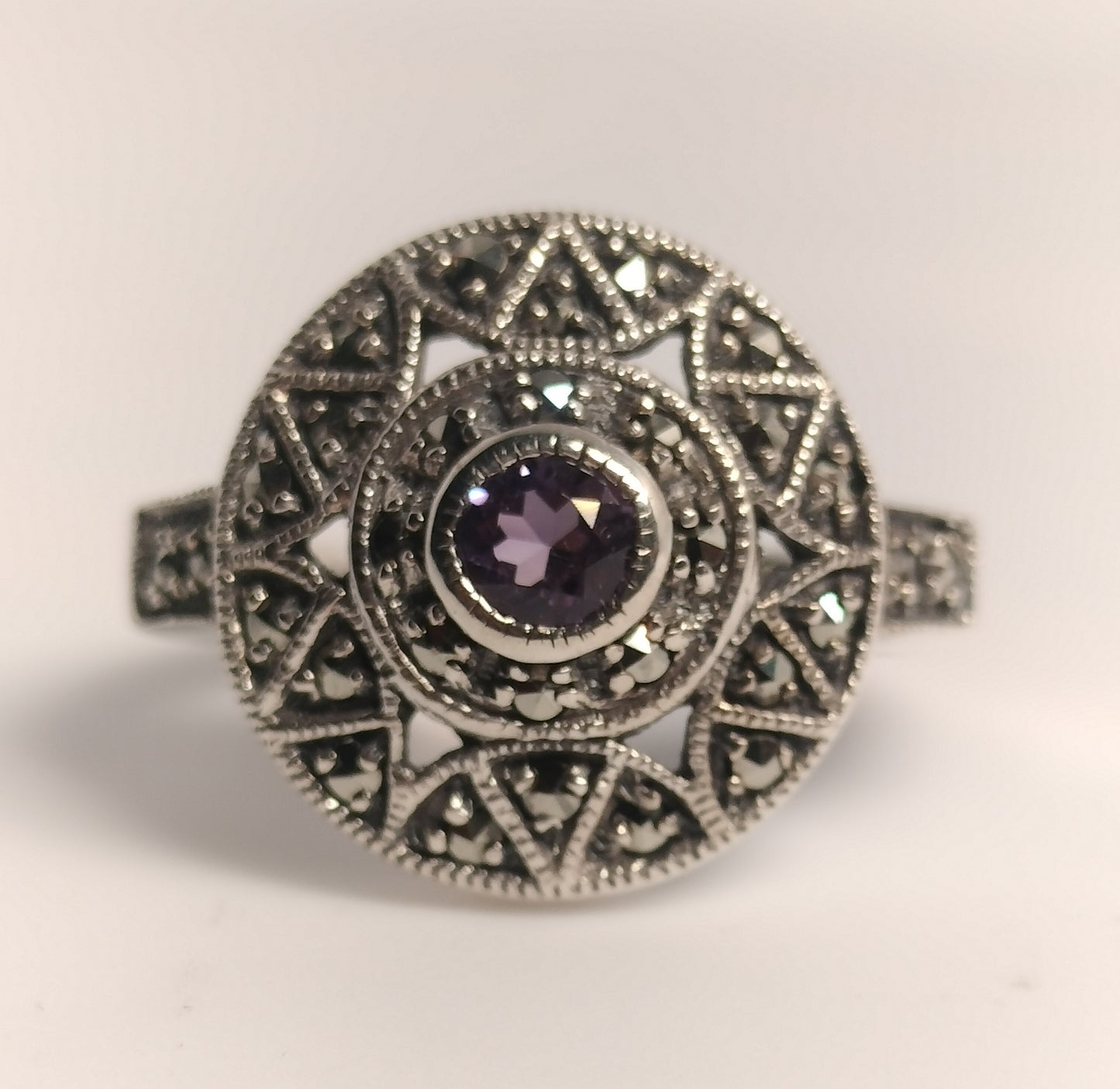 Sterling Silver Amethyst and Marcasite Ring