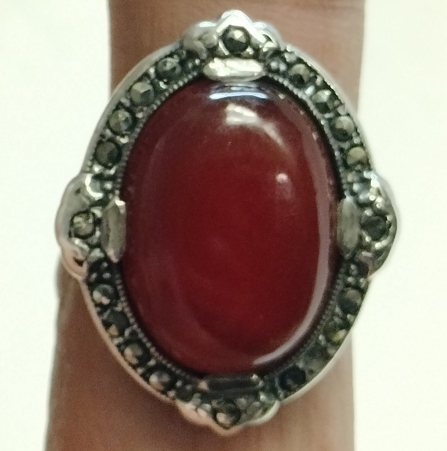 Sterling Silver Carnelian and Marcasite Ring