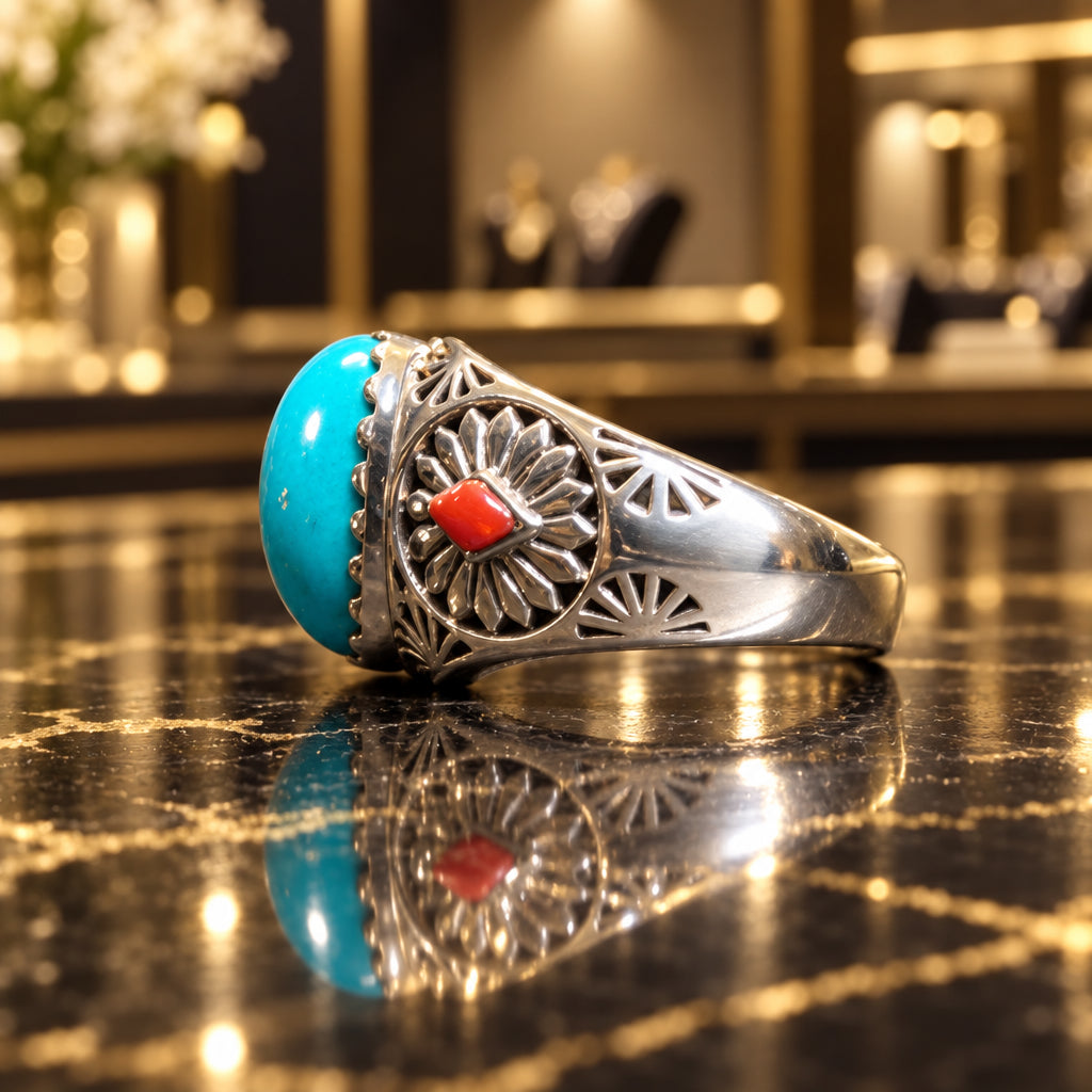 Sterling Silver Turquoise and Coral Ring