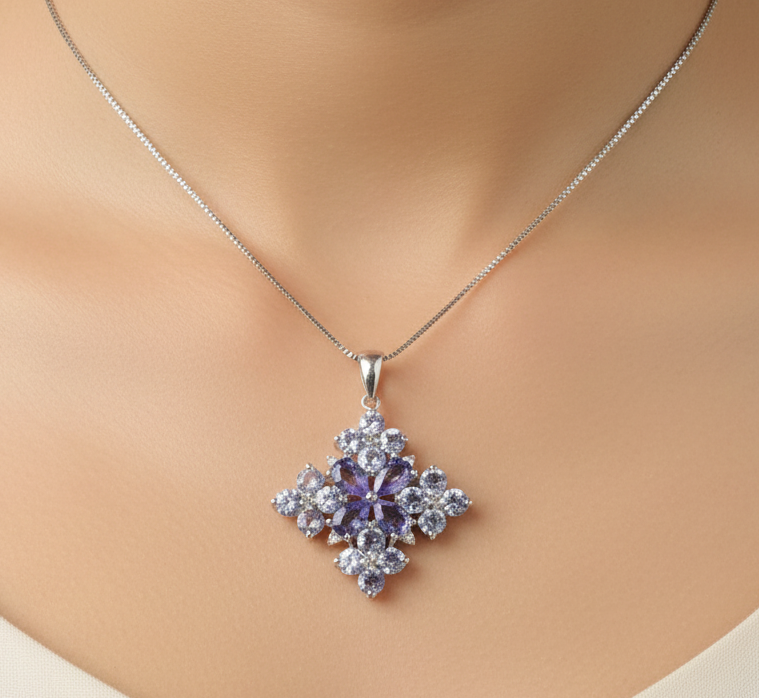 Sterling Silver Natural Tanzanite Pendant and Chain