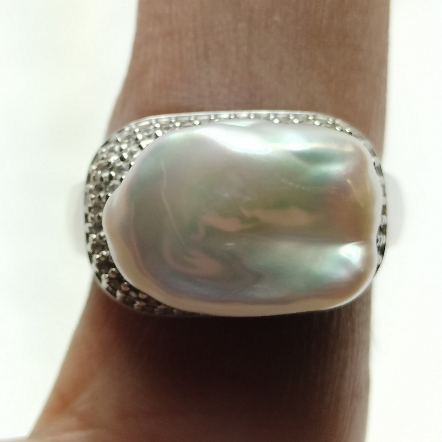 Sterling Silver Baroque Pearl and Cubic Zirconia Ring Ring