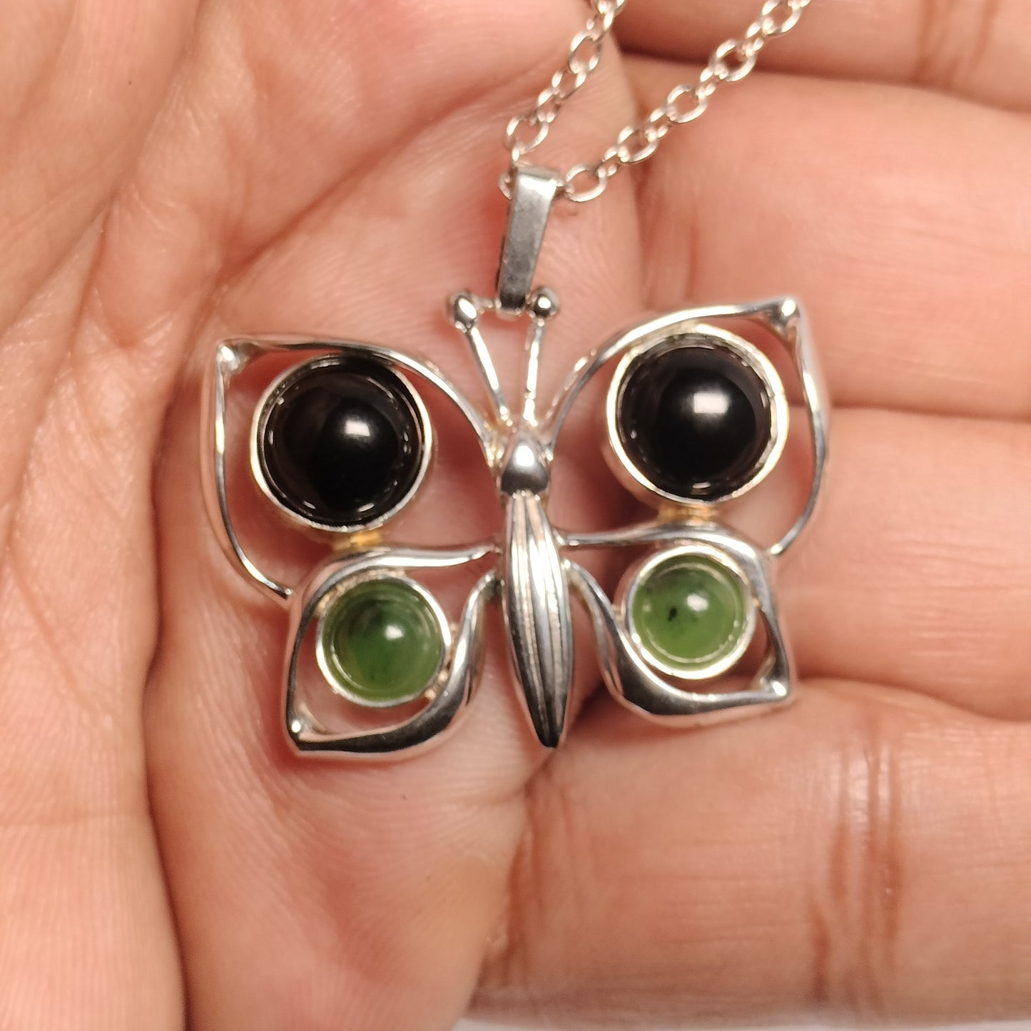 Sterling silver Onyx and Jade Pendant and Chain
