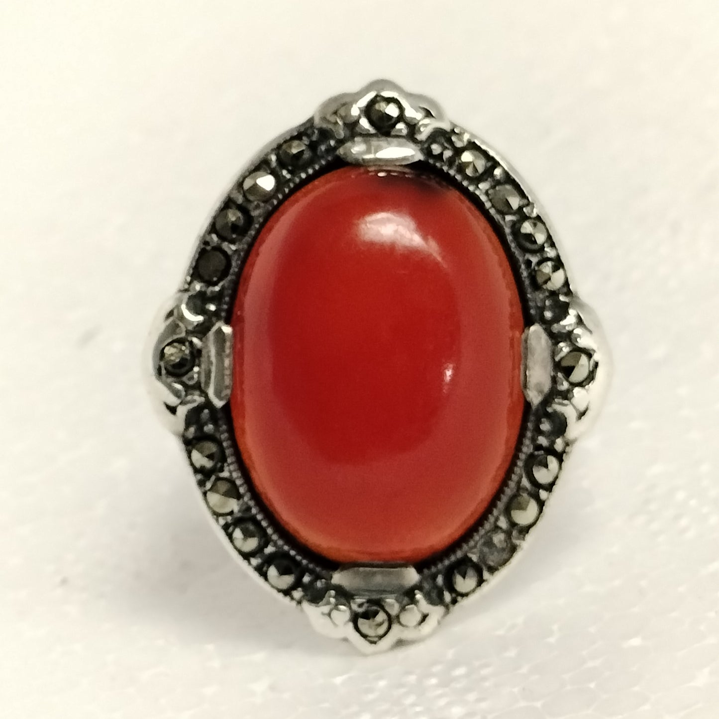 Sterling Silver Carnelian and Marcasite Ring