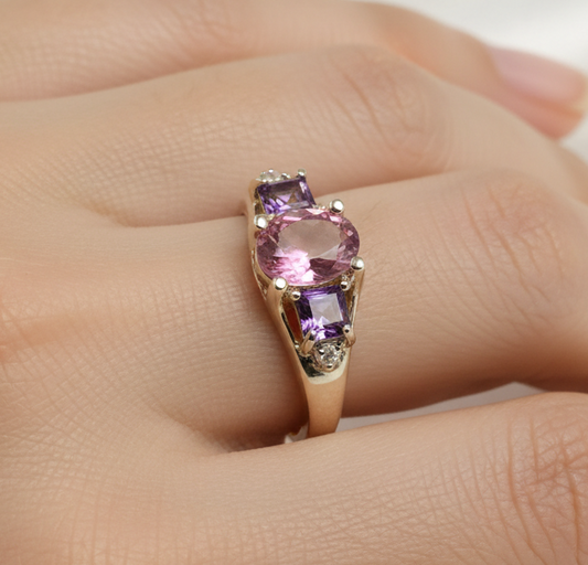 10k Gold Pink Tourmaline Amethyst Diamond Ring
