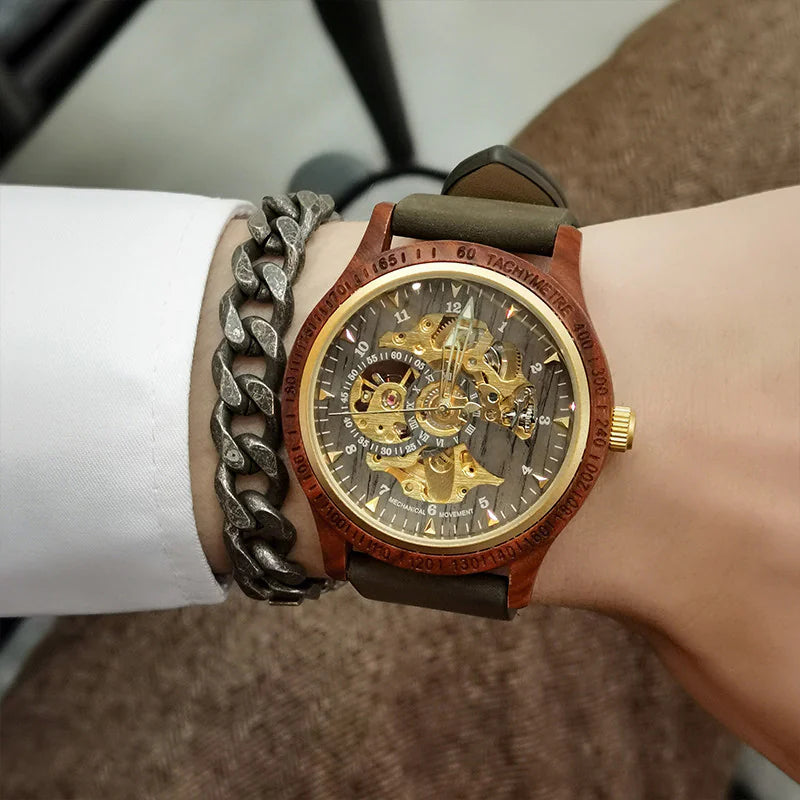 Sandalwood Skeleton Mechanical Watch