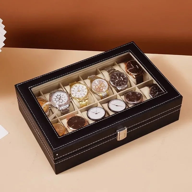 Classic Style Leather Watch Display Case Organizer - Jewelry Storage Box with Glass Top for Men - Multiple Slots Available