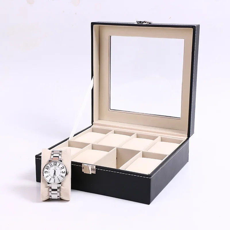 Classic Style Leather Watch Display Case Organizer - Jewelry Storage Box with Glass Top for Men - Multiple Slots Available