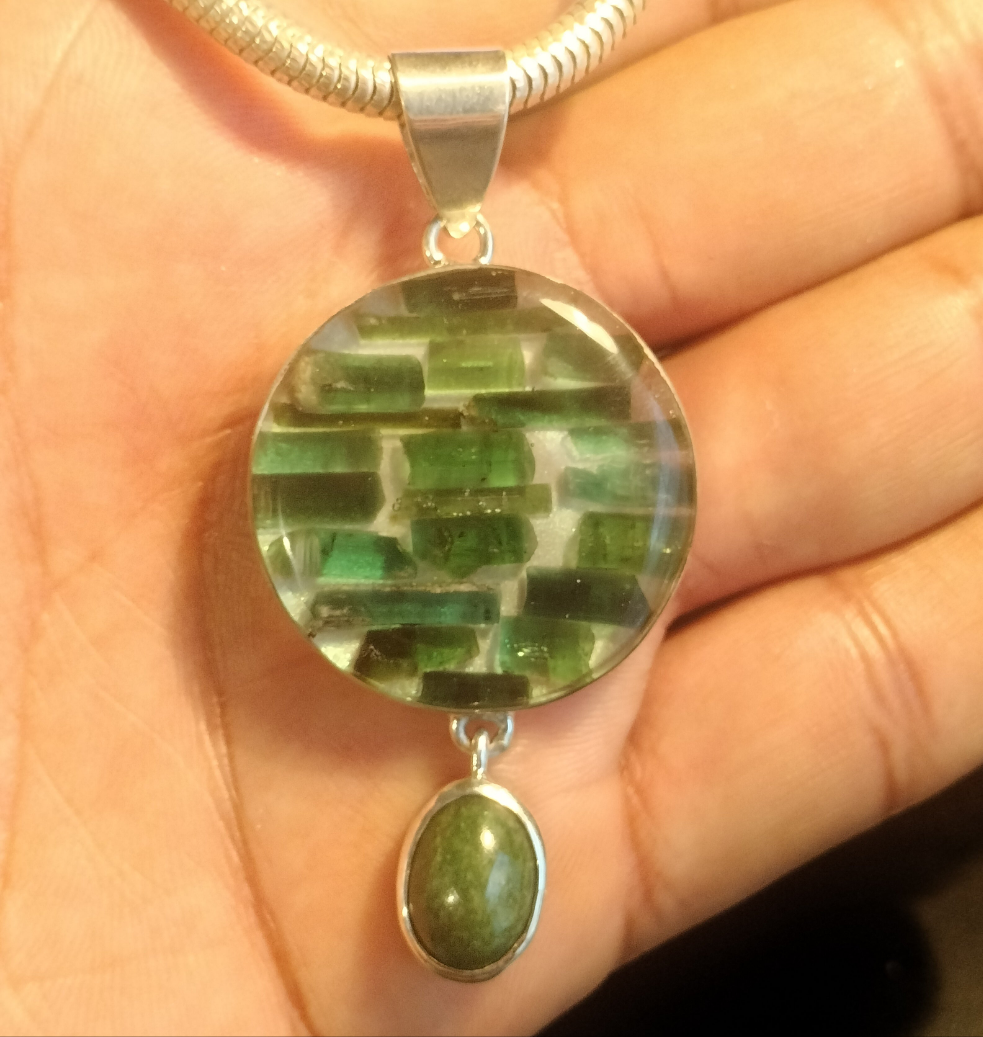 Natural Tourmaline Crystal in Resin with Jade Cabochon Pendant and Chain