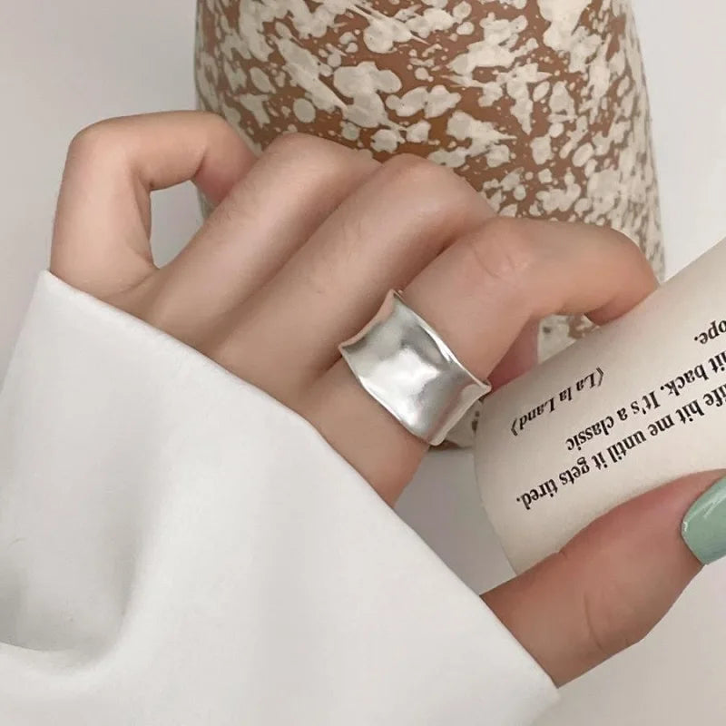 925 Sterling Silver Ring For Women Jewelry Wide Simple Open Vintage Handmade Ring Allergy For Party Birthday Gift