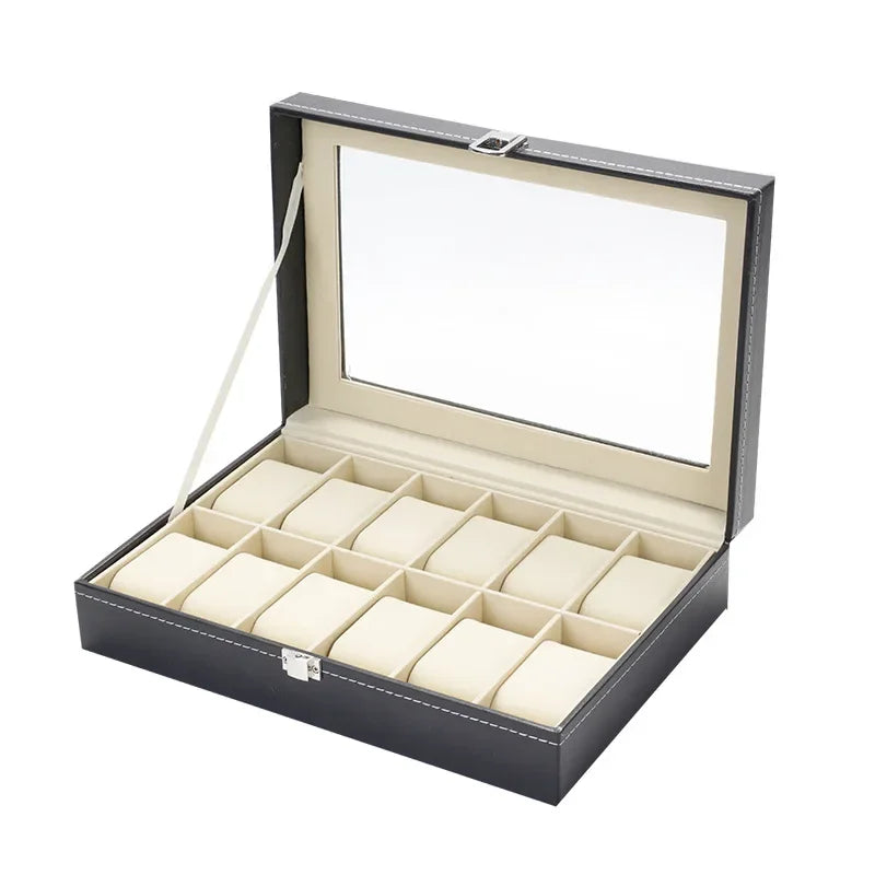 Classic Style Leather Watch Display Case Organizer - Jewelry Storage Box with Glass Top for Men - Multiple Slots Available