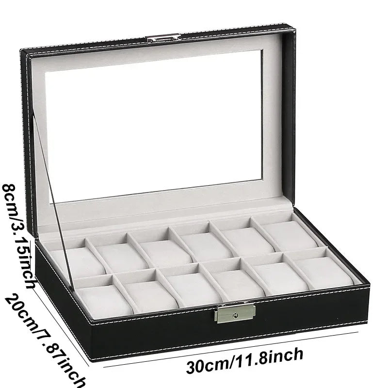 Classic Style Leather Watch Display Case Organizer - Jewelry Storage Box with Glass Top for Men - Multiple Slots Available