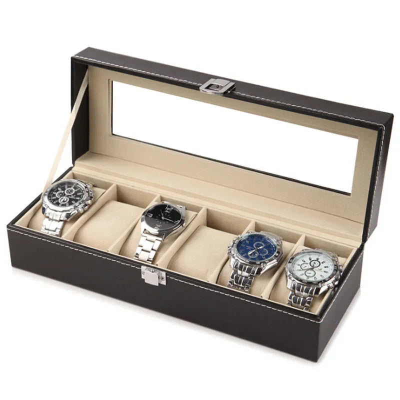 Classic Style Leather Watch Display Case Organizer - Jewelry Storage Box with Glass Top for Men - Multiple Slots Available