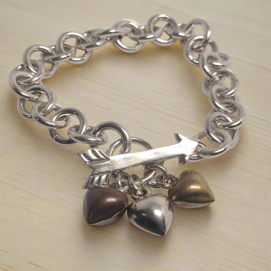 Sterling Silver Hearts and Arrow Toggle Bracelet