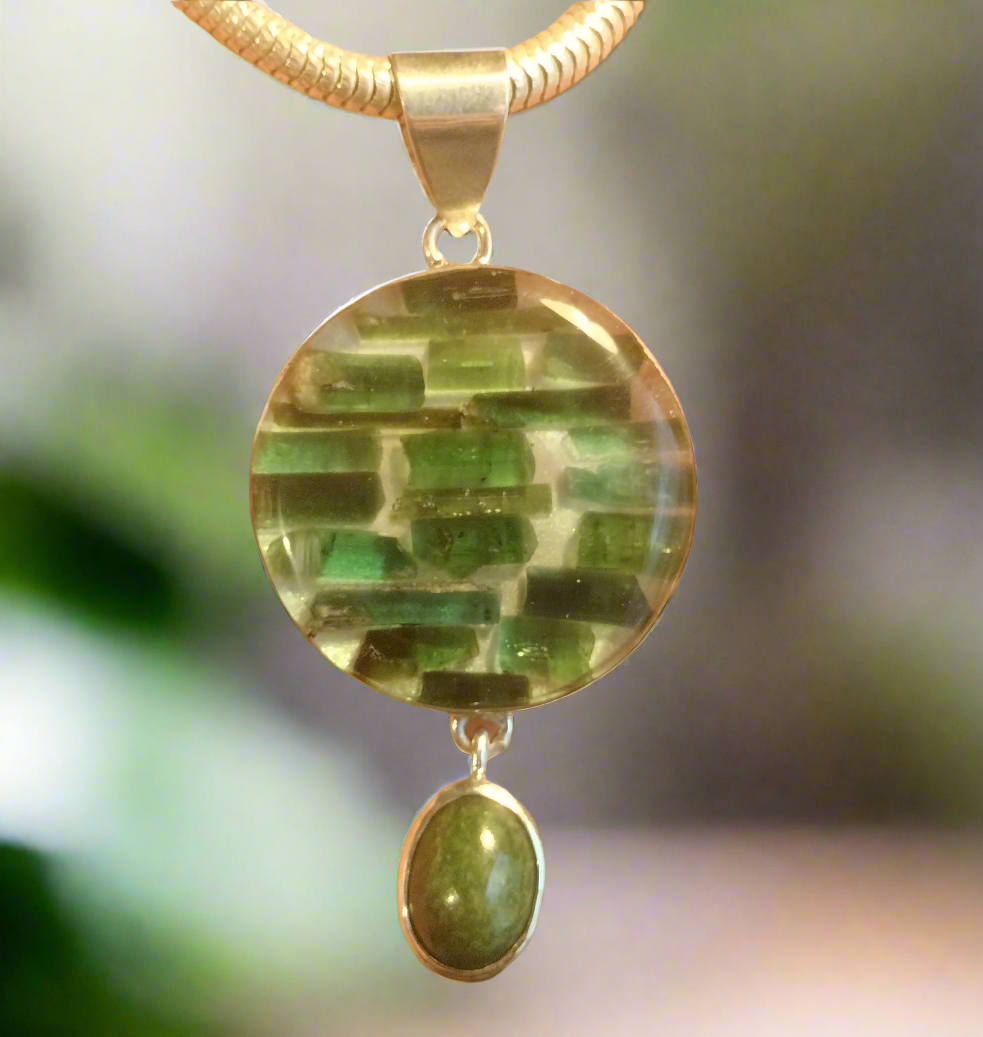 Natural Tourmaline Crystal in Resin with Jade Cabochon Pendant and Chain