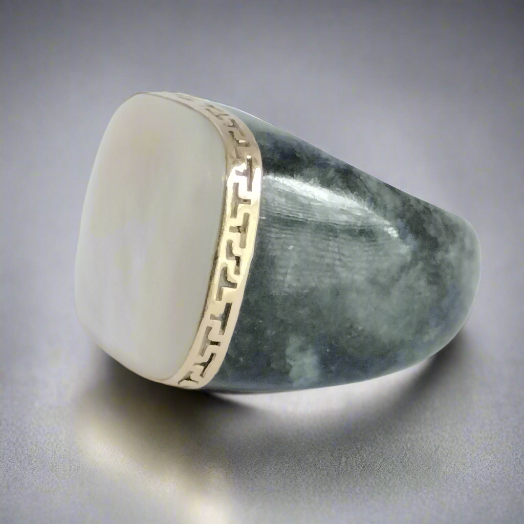 Large Black Jade Mother Of Pearl 14k Gold Greek Key Ring