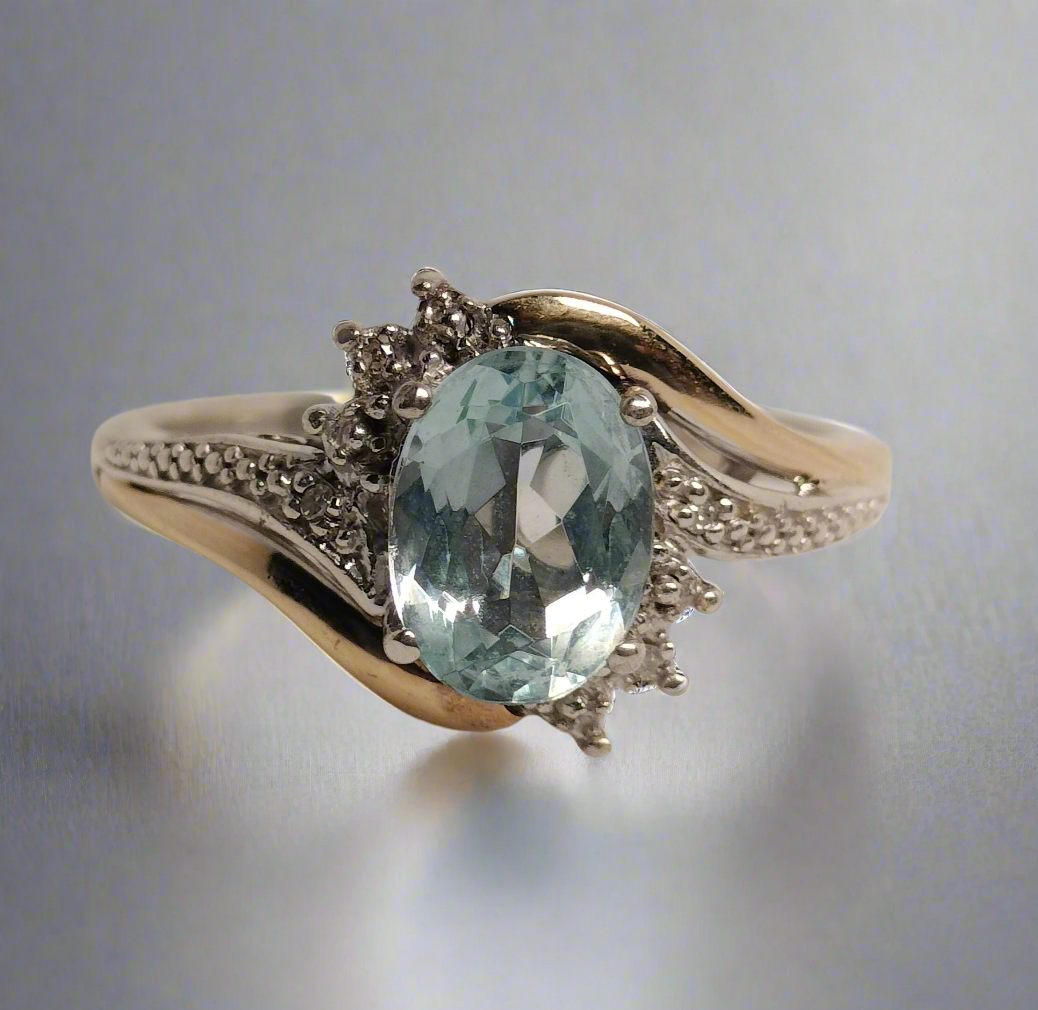 Sterling Silver 10k Gold Aquamarine and Diamond Ring