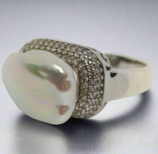 Sterling Silver Baroque Pearl and Cubic Zirconia Ring Ring