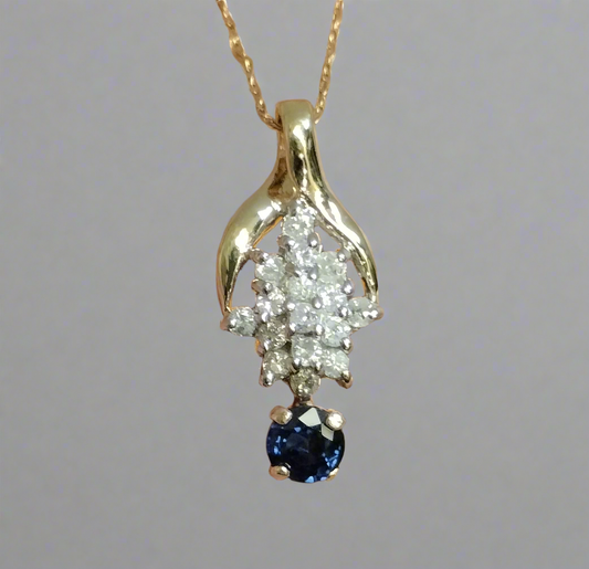 14K Gold Diamond and Sapphire Pendant and Chain