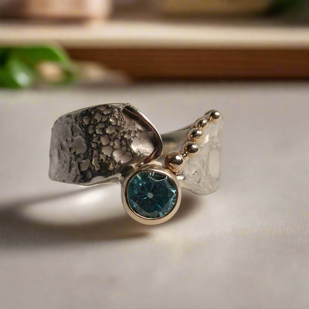 Sterling Silver and 14k Gold Blue Zircon Ring