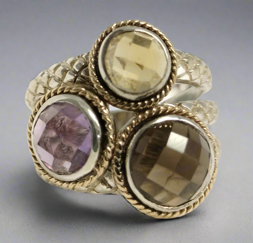 Sterling Silver 14k Gold Ring with Amethyst, Smokey Topaz, and Citrine