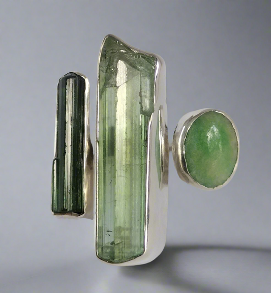 Sterling Silver Tourmaline and Jade Ring
