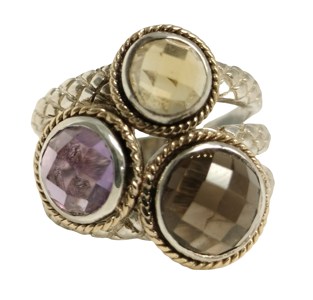 Sterling Silver 14k Gold Ring with Amethyst, Smokey Topaz, and Citrine