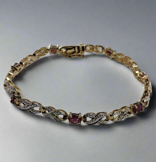Sterling Silver Gold Plated Ruby and Diamond Tennis Bracelet