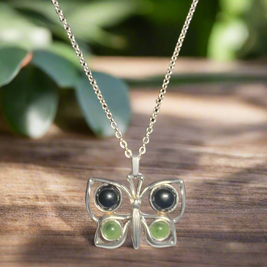 Sterling silver Onyx and Jade Pendant and Chain