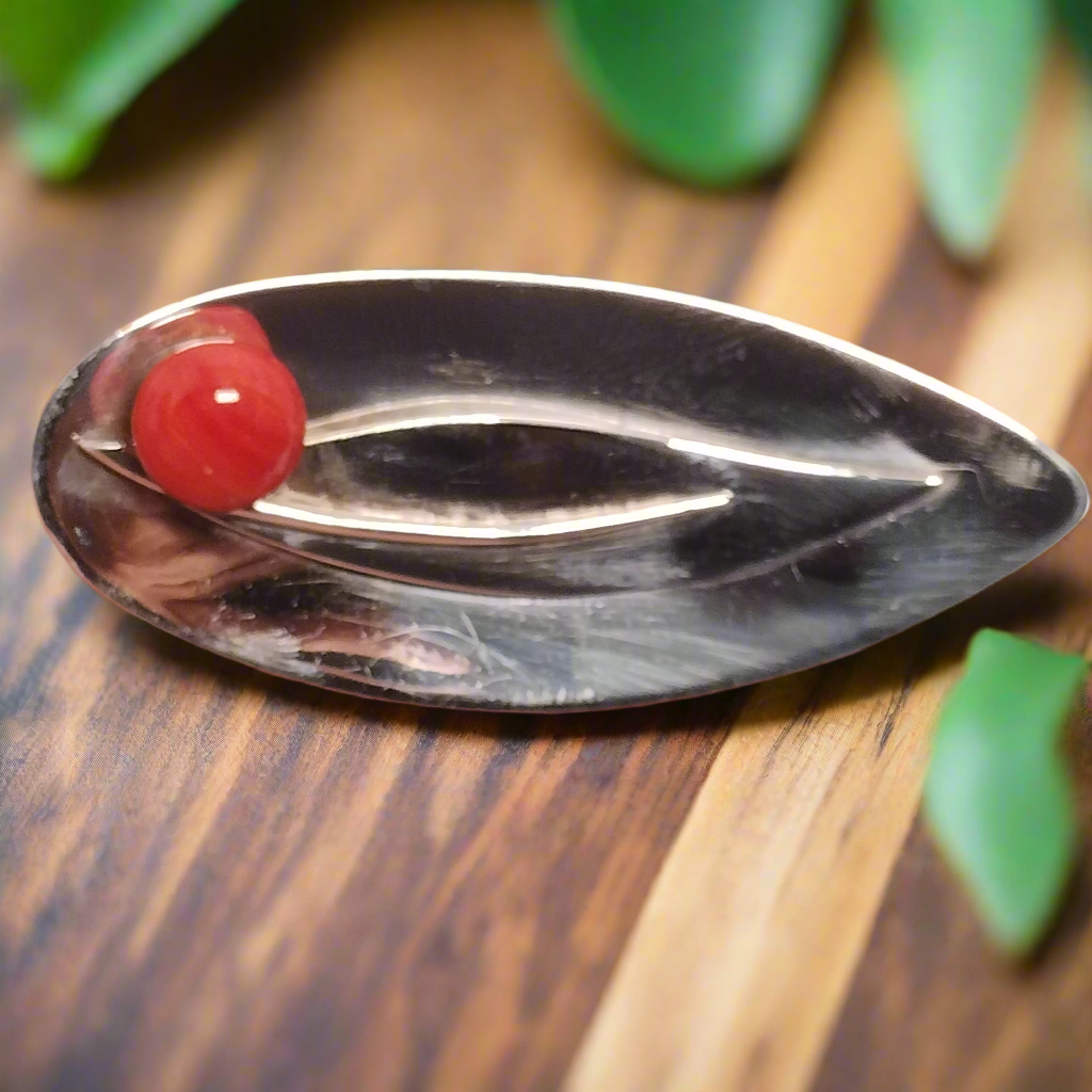 Sterling Silver and Coral Pin