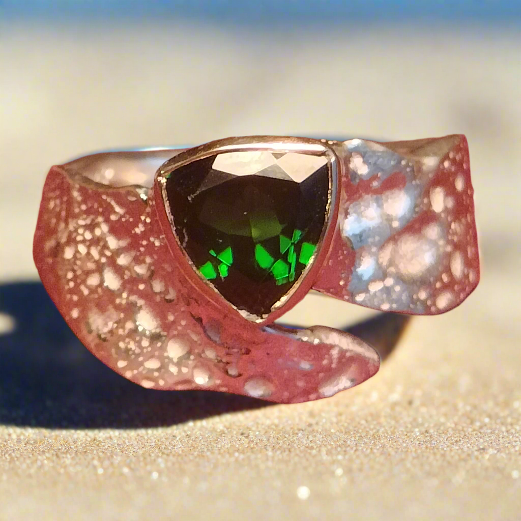 Sterling Silver and 14k Gold chrome Diopside Ring