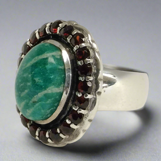 Sterling Silver Amazonite and Garnet Ring