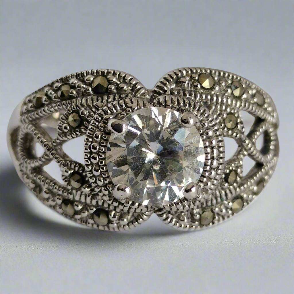 Sterling Silver Cubic Zirconia and Marcasite Ring