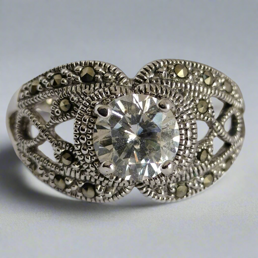 Sterling Silver Cubic Zirconia and Marcasite Ring