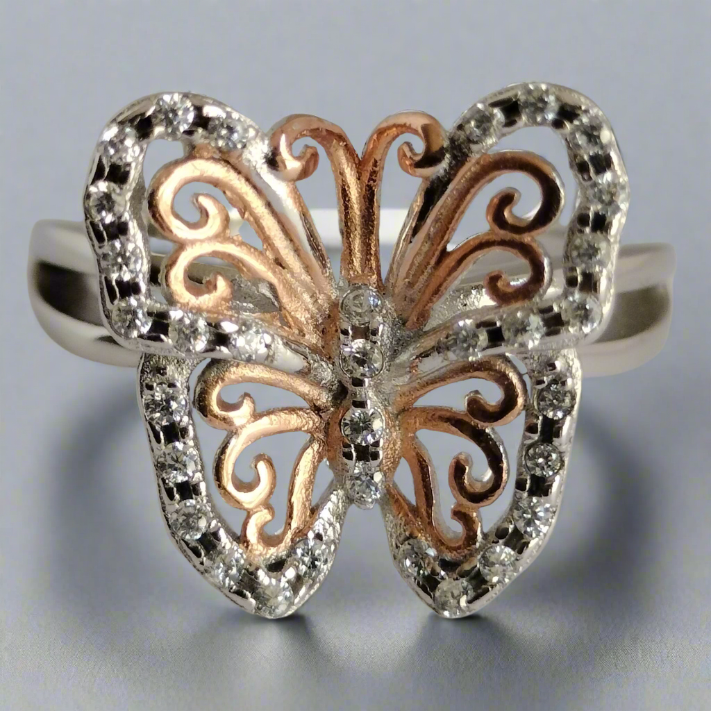Sterling Silver Rose Plated Cubic Zirconia Butterfly Ring