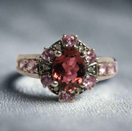 Sterling Silver Tourmaline, Pink Sapphire and Diamond Ring