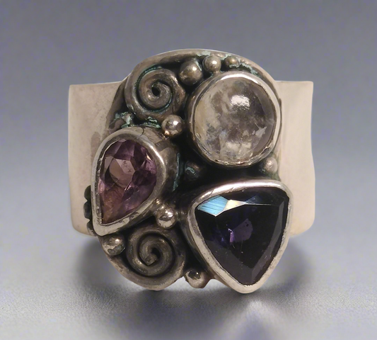 Sterling Silver Amethyst, Moonstone and Iolite Ring