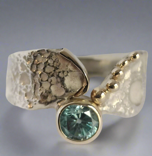 Sterling Silver and 14k Gold Blue Zircon Ring