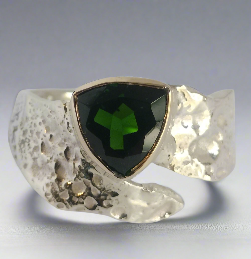 Sterling Silver and 14k Gold chrome Diopside Ring