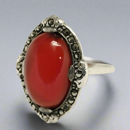 Sterling Silver Carnelian and Marcasite Ring