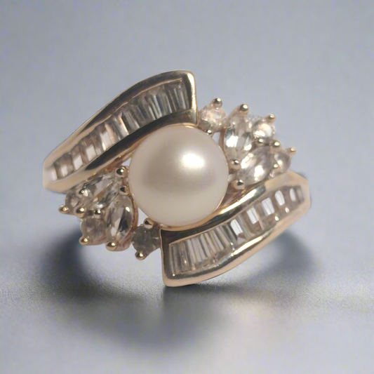 Sterling Silver Pearl and Cubic Zirconia Ring