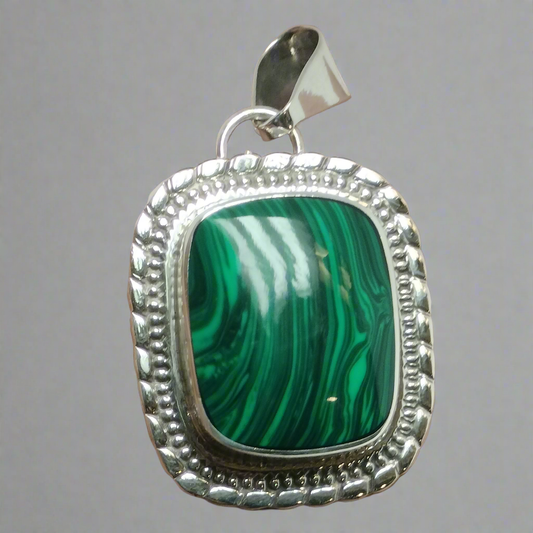 Large Malachite Sterling Silver Pendant