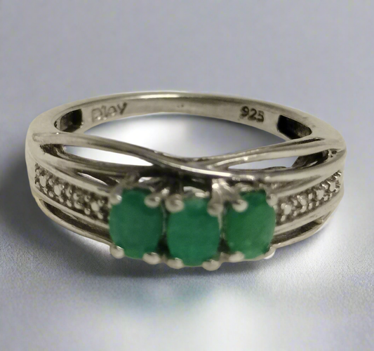 Sterling Silver Emerald and Diamond Ring